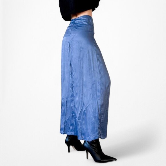 Zara Blue High Waisted Pleated High Slit Satin Midi Skirt Size XS - Picture 3 of 7